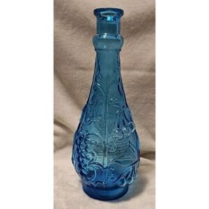 Italian Blue Glass Vintage Decanter Genie Bottle With Grapes 10.5 Inches Tall